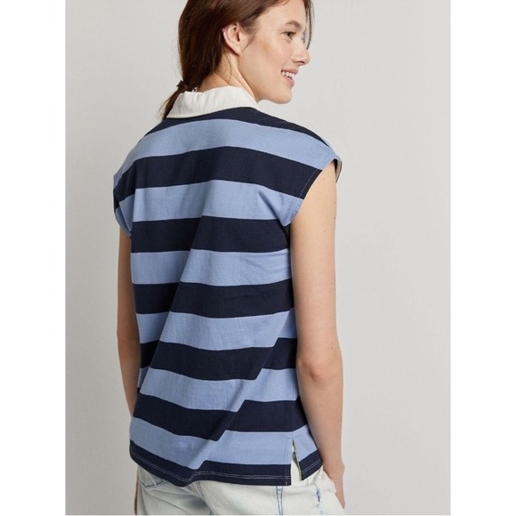 Anthropologie Maeve Porter Stripe Polo Top in Blue Motif - Picture 2 of 9